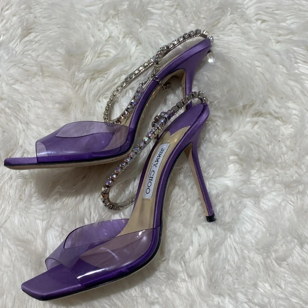 Jimmy Choo Saeda 100 Crystal embellished PVC & satin‎ sandals size 38EU